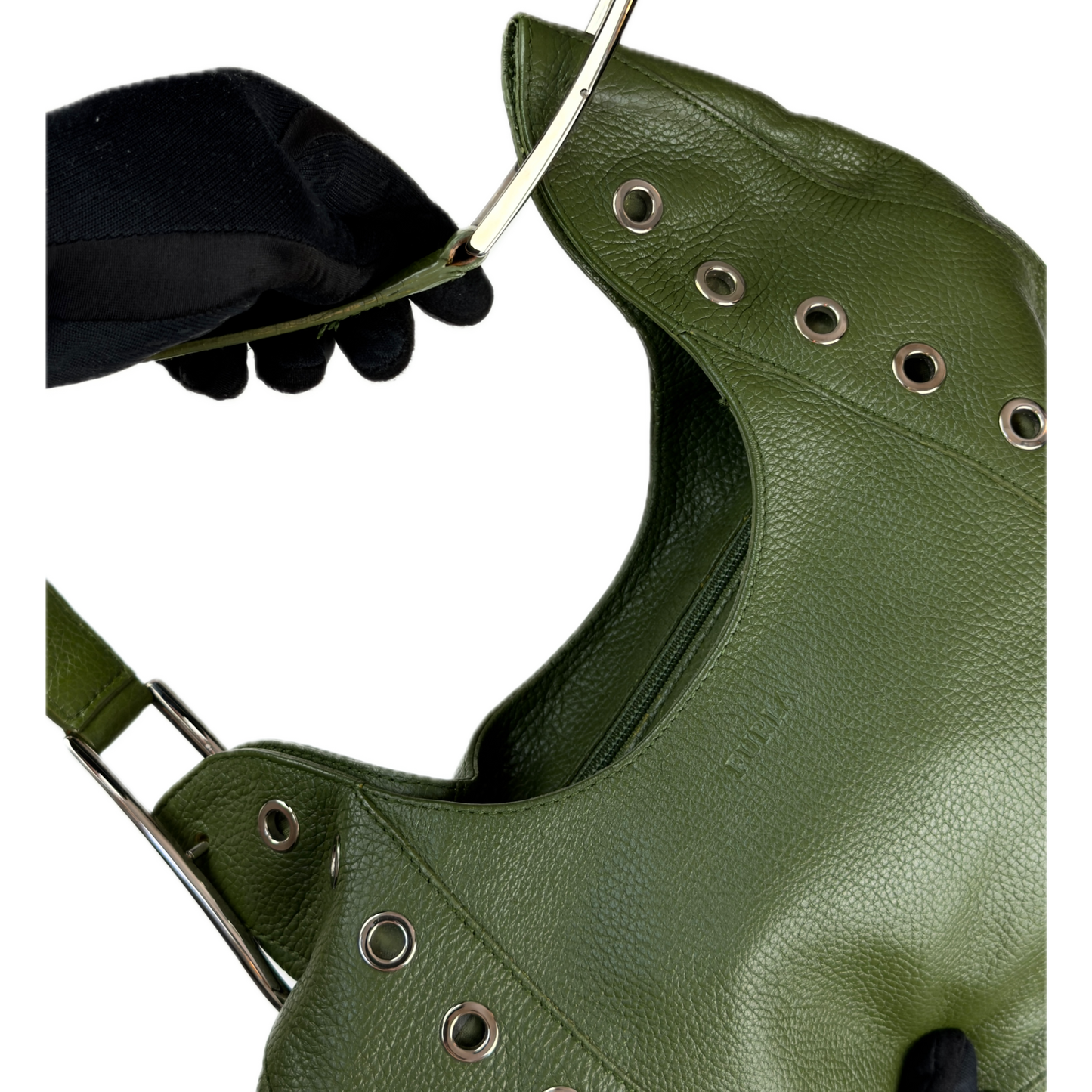 Vintage Furla forest green pebbled leather hobo bag featuring silver eyelet hardware and a structural shoulder strap.
