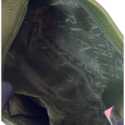 Vintage Furla forest green pebbled leather hobo bag featuring silver eyelet hardware and a structural shoulder strap.