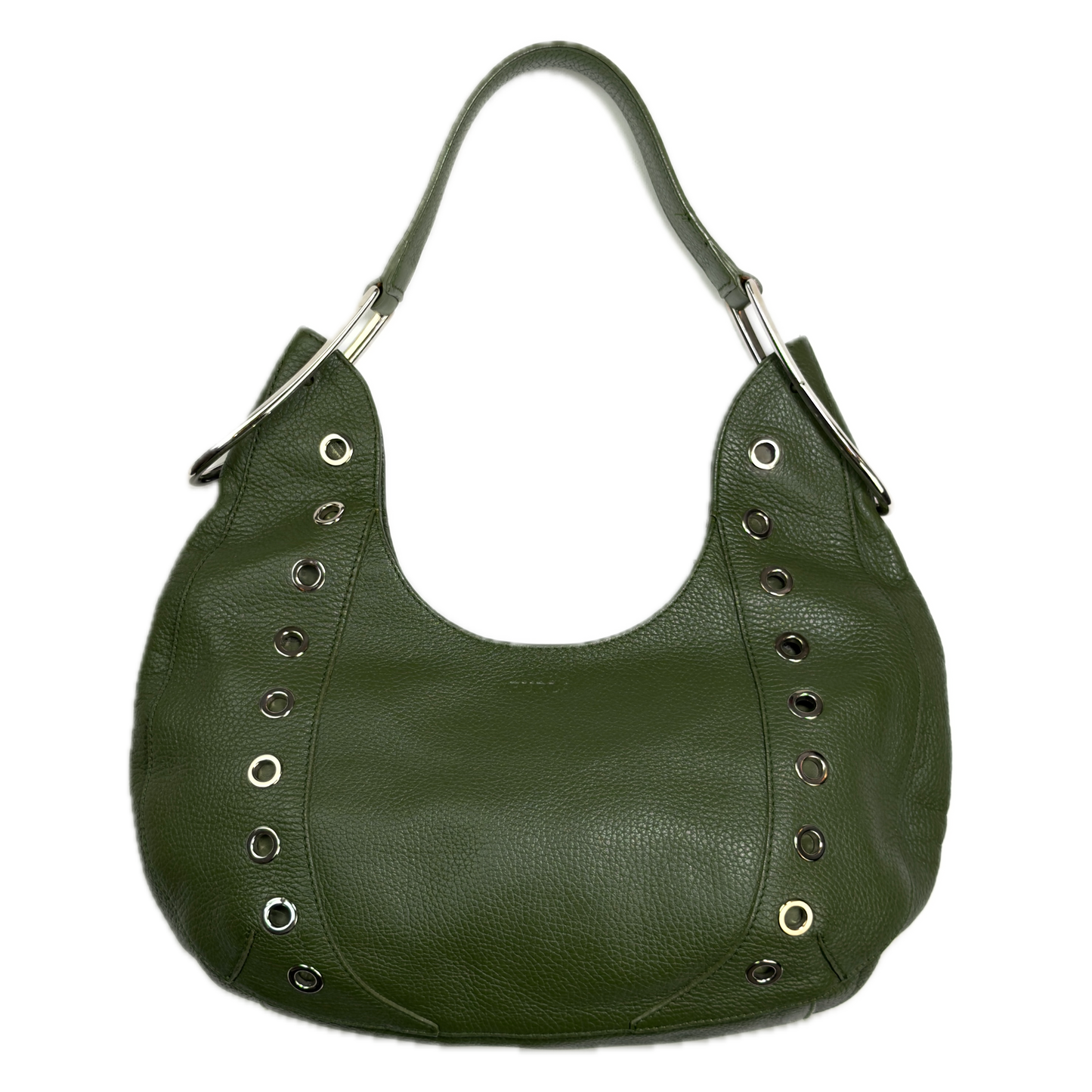 Vintage Furla forest green pebbled leather hobo bag featuring silver eyelet hardware and a structural shoulder strap.