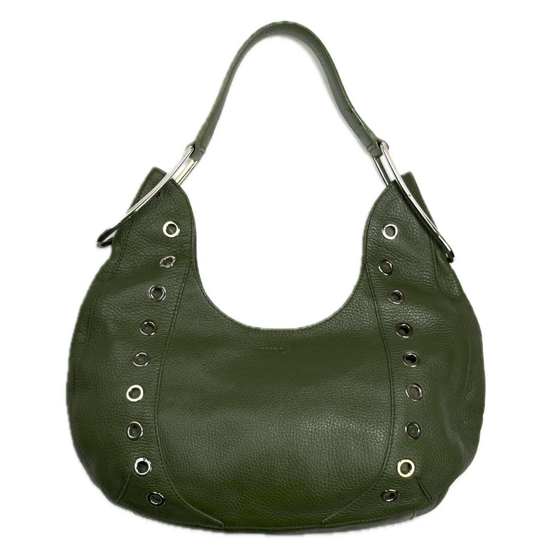 Vintage Furla forest green pebbled leather hobo bag featuring silver eyelet hardware and a structural shoulder strap.