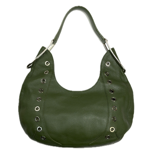 Vintage Furla forest green pebbled leather hobo bag featuring silver eyelet hardware and a structural shoulder strap.