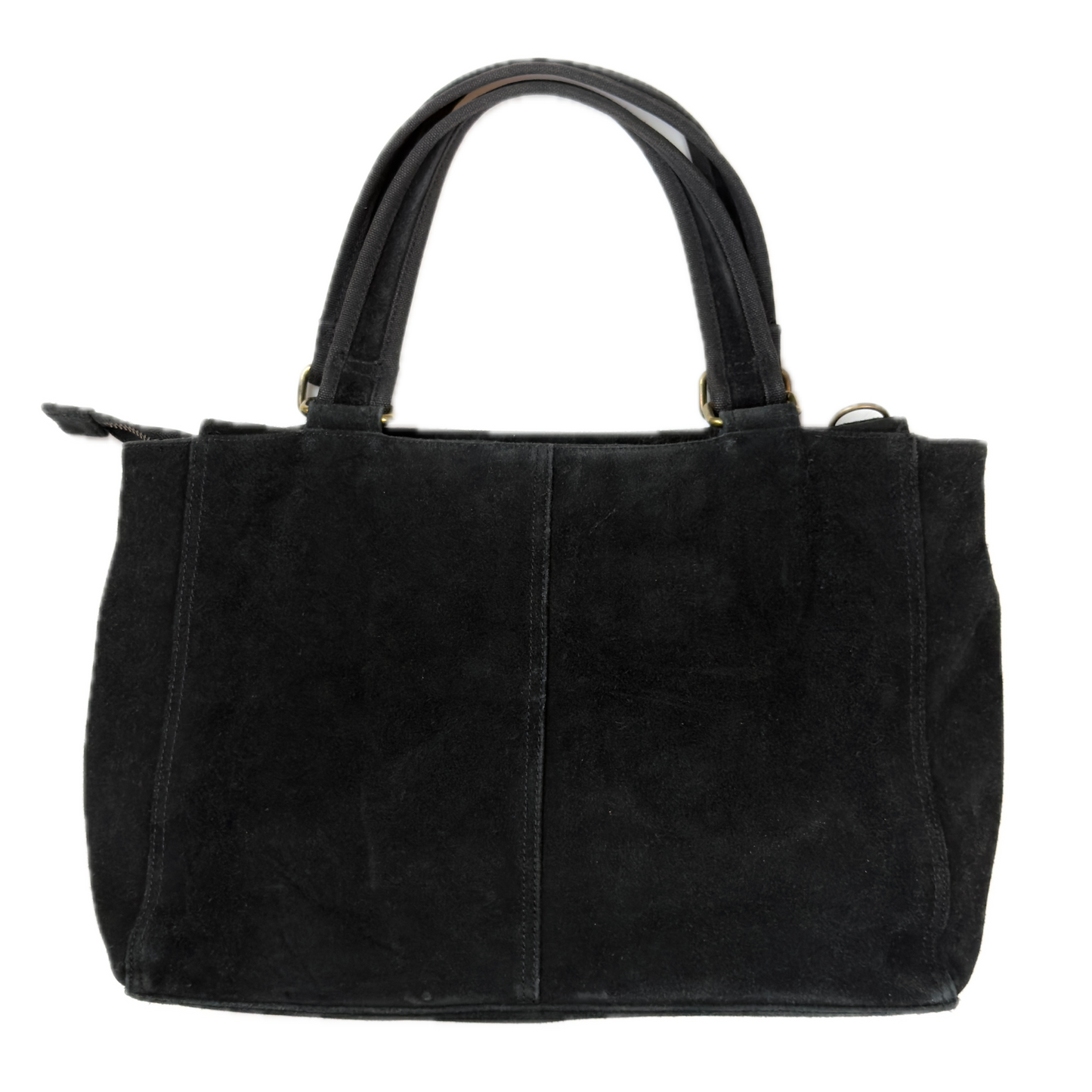 Vintage Gap black genuine suede shoulder bag featuring brass hardware and an oversized front button pocket.