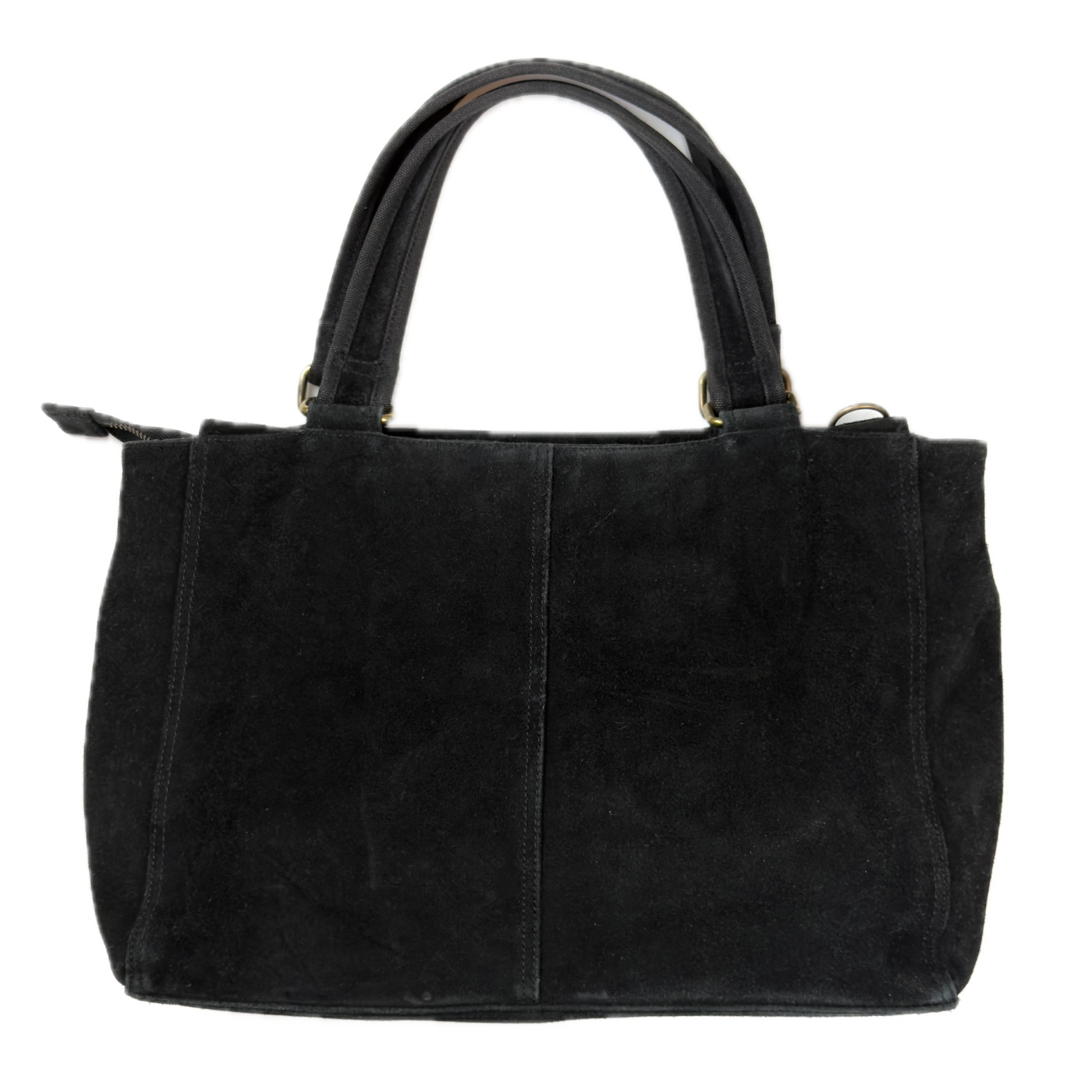 Vintage Gap black genuine suede shoulder bag featuring brass hardware and an oversized front button pocket.