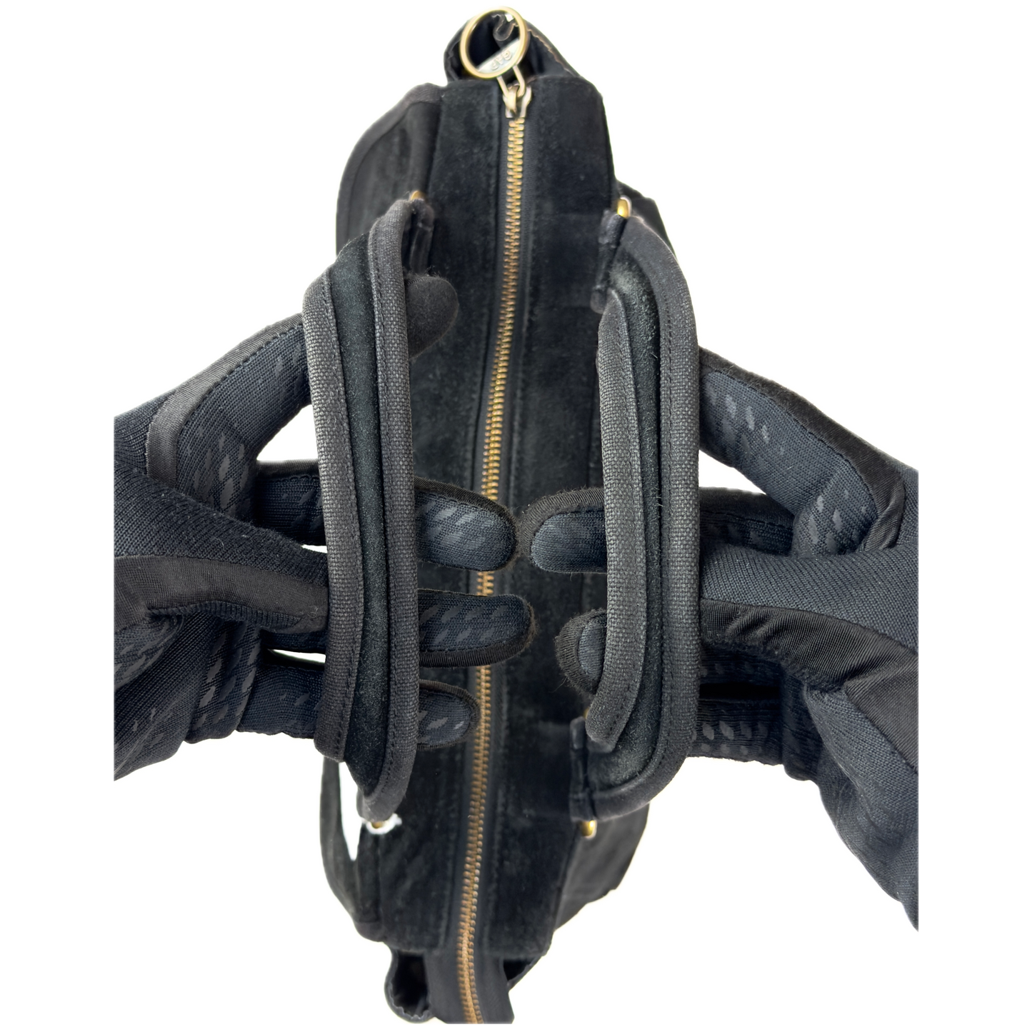Vintage Gap black genuine suede shoulder bag featuring brass hardware and an oversized front button pocket.