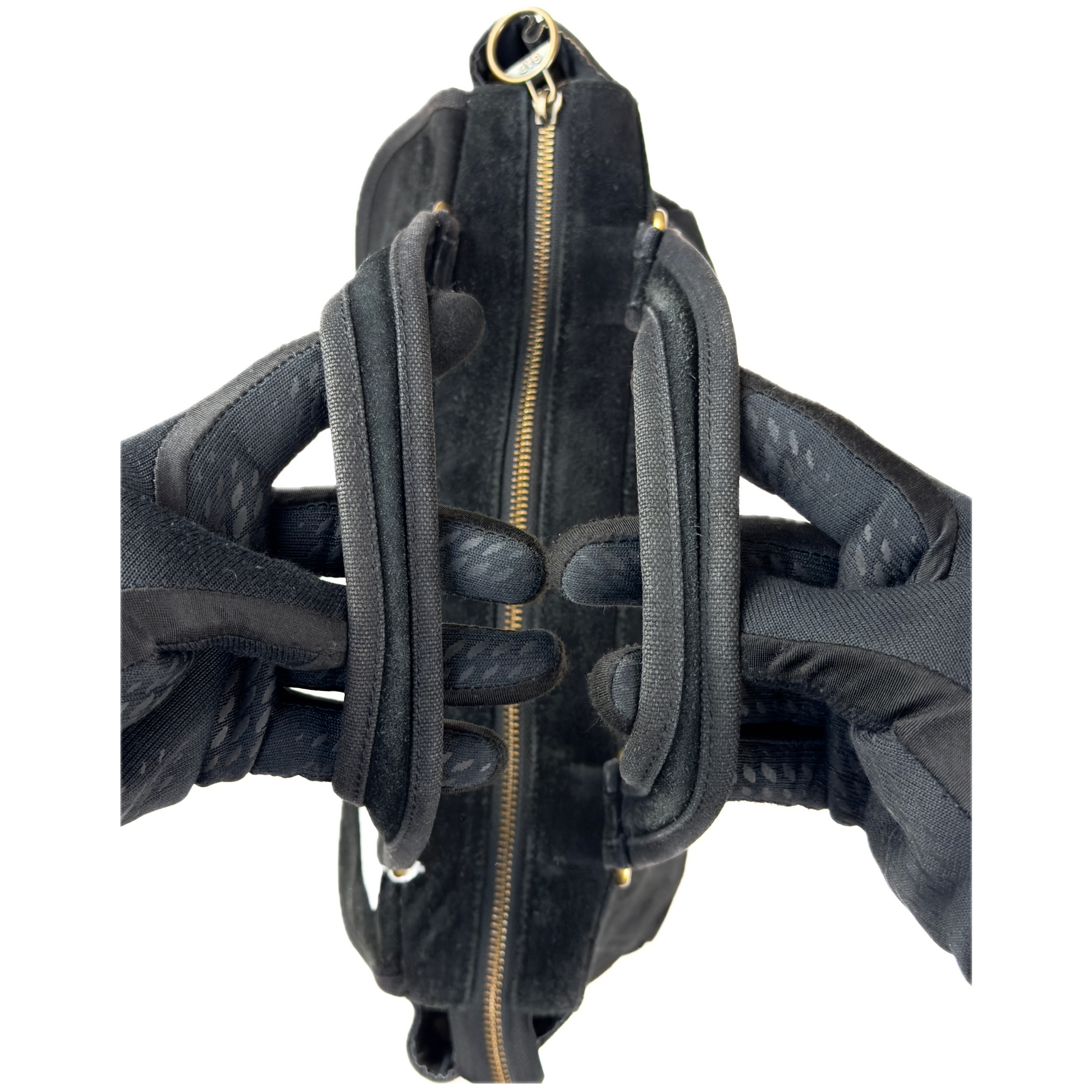 Vintage Gap black genuine suede shoulder bag featuring brass hardware and an oversized front button pocket.