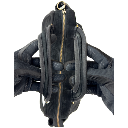 Vintage Gap black genuine suede shoulder bag featuring brass hardware and an oversized front button pocket.