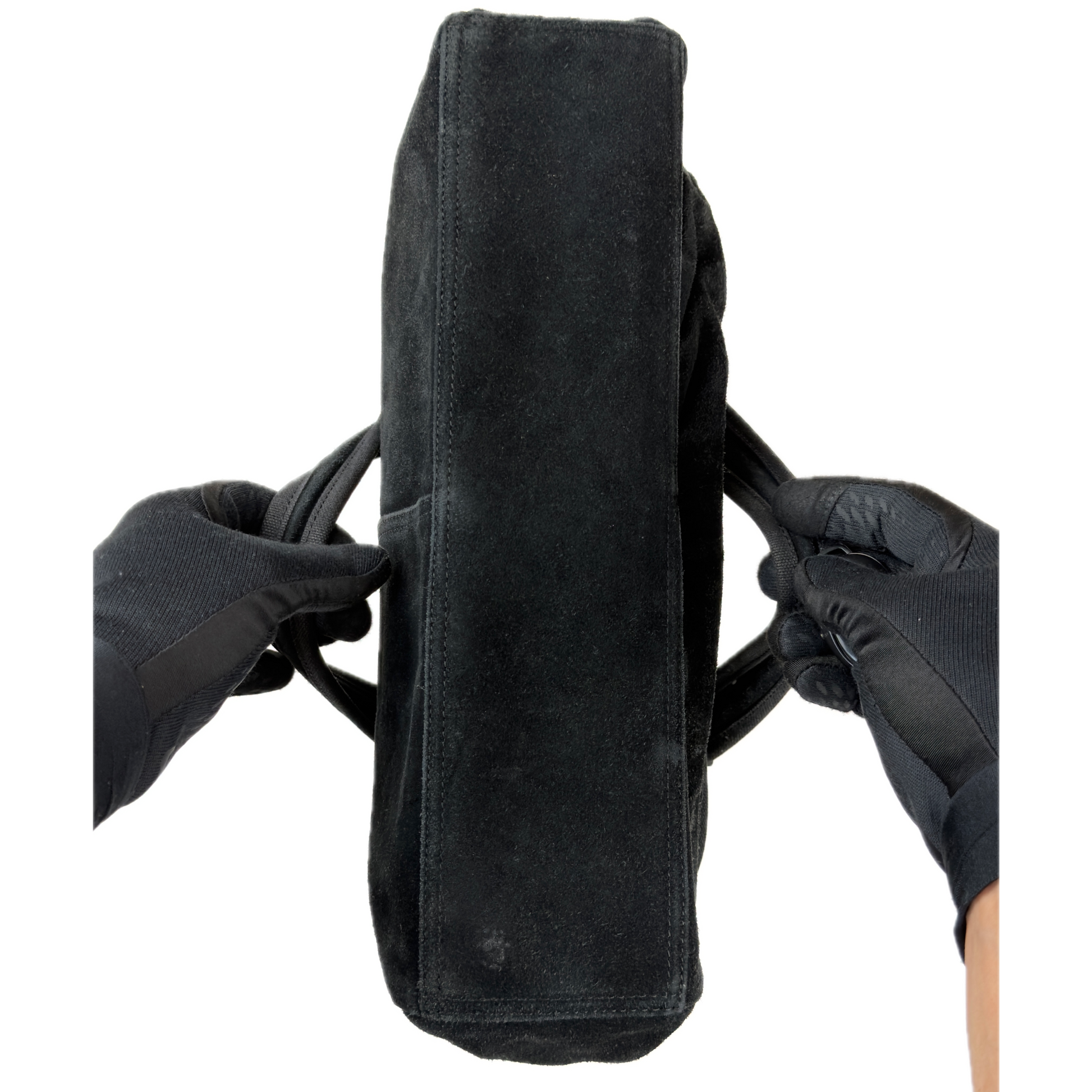 Vintage Gap black genuine suede shoulder bag featuring brass hardware and an oversized front button pocket.