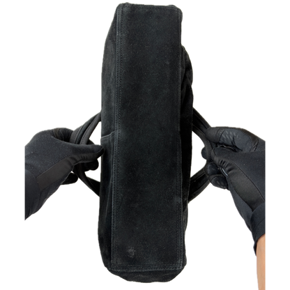 Vintage Gap black genuine suede shoulder bag featuring brass hardware and an oversized front button pocket.