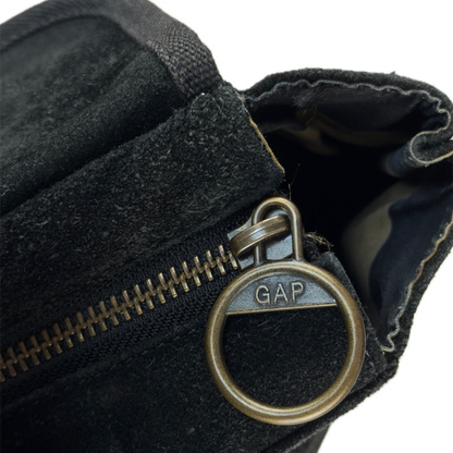 Vintage Gap black genuine suede shoulder bag featuring brass hardware and an oversized front button pocket.