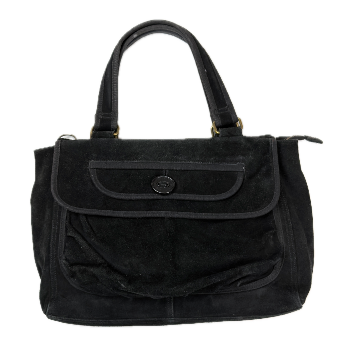 Vintage Gap black genuine suede shoulder bag featuring brass hardware and an oversized front button pocket.