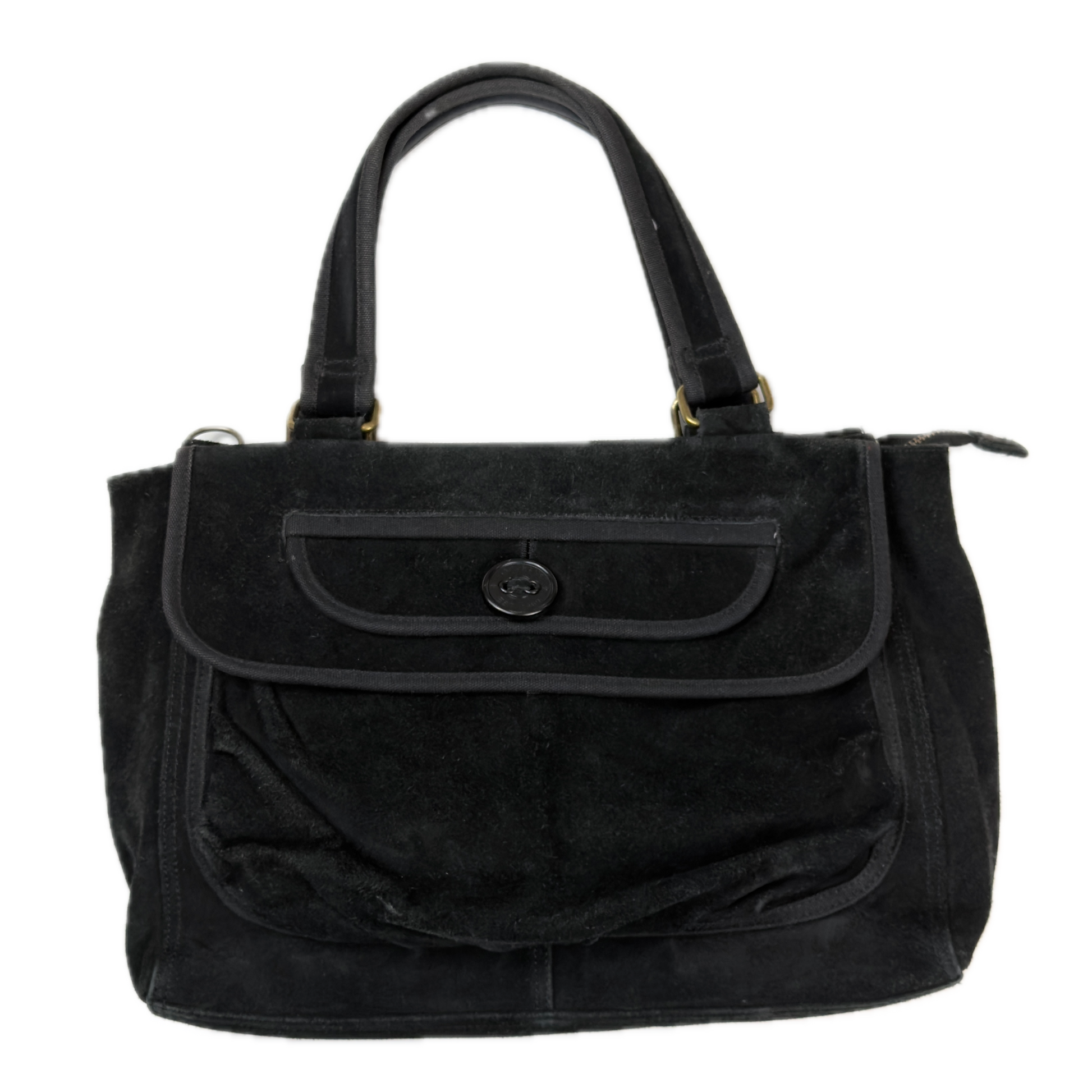 Vintage Gap black genuine suede shoulder bag featuring brass hardware and an oversized front button pocket.