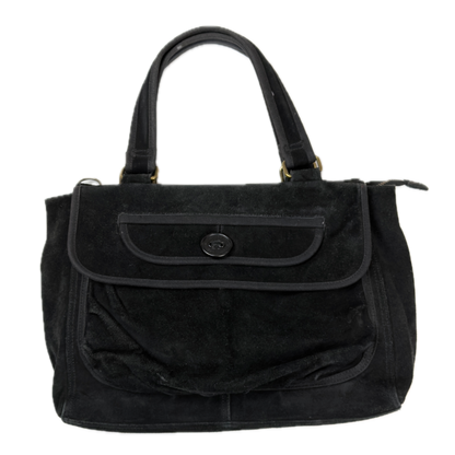 Vintage Gap black genuine suede shoulder bag featuring brass hardware and an oversized front button pocket.