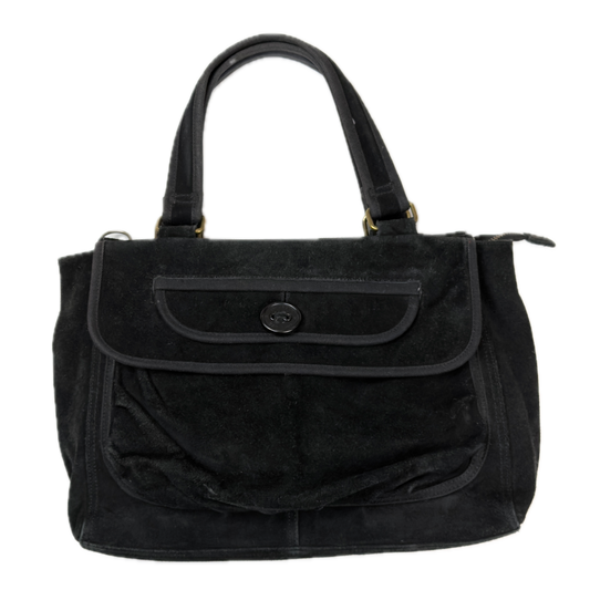 Vintage Gap black genuine suede shoulder bag featuring brass hardware and an oversized front button pocket.