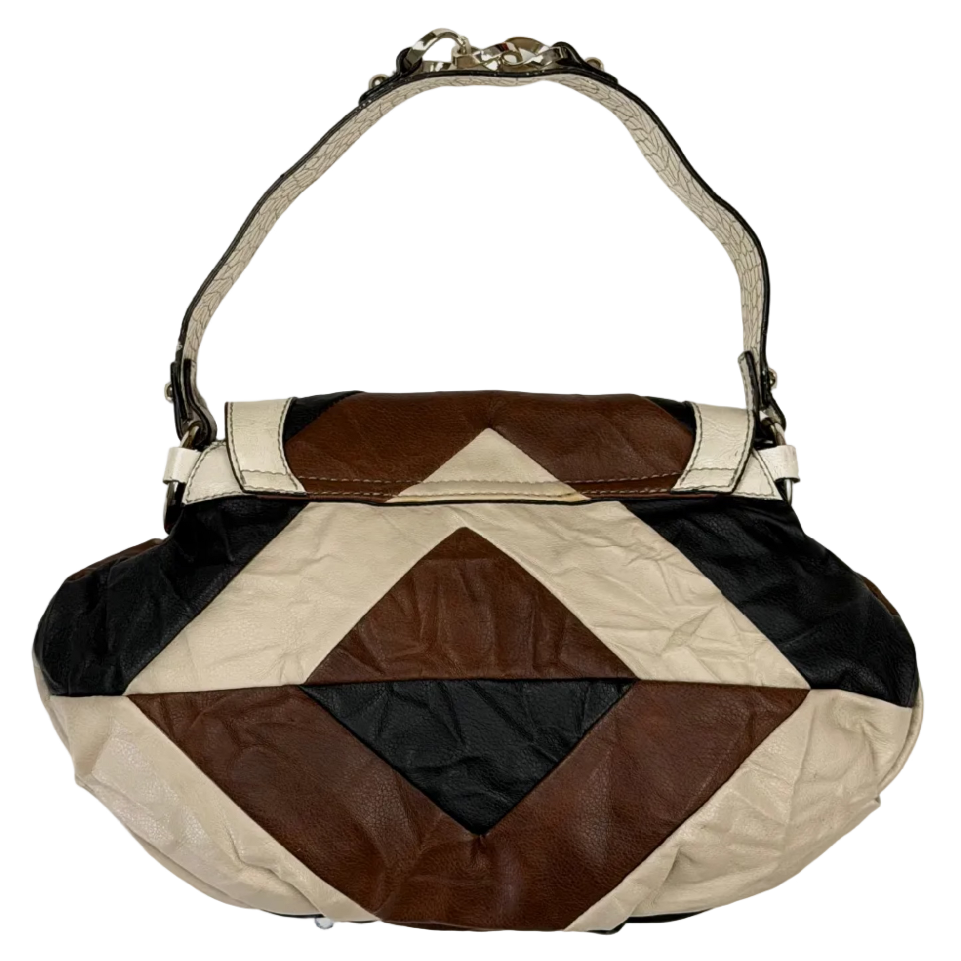 Vintage Guess slouchy hobo bag featuring a black, brown, and cream geometric pattern with a large silver G buckle closure.