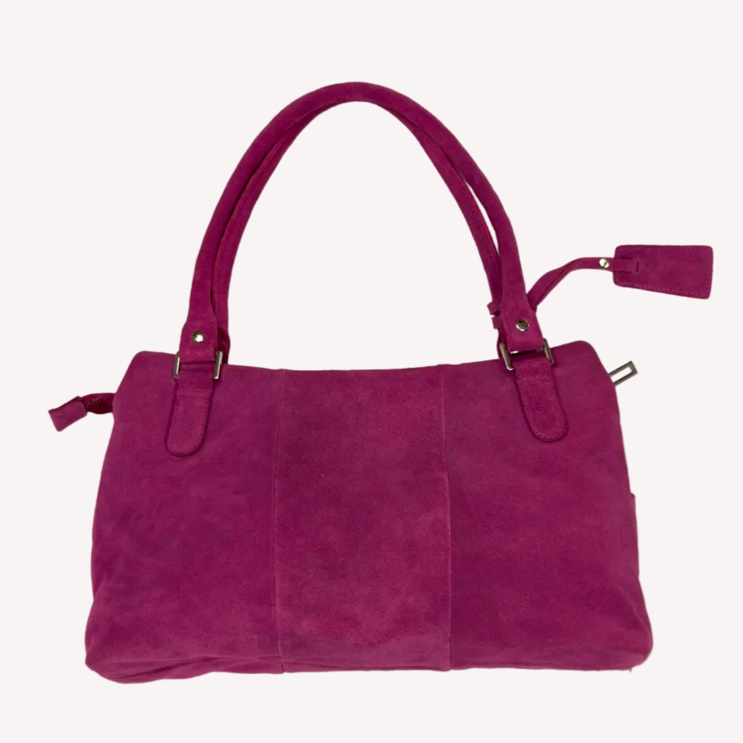 Vintage Y2K Jasper Conran shoulder bag in vibrant magenta pink suede, featuring three front pockets with silver twist-lock hardware and double straps.