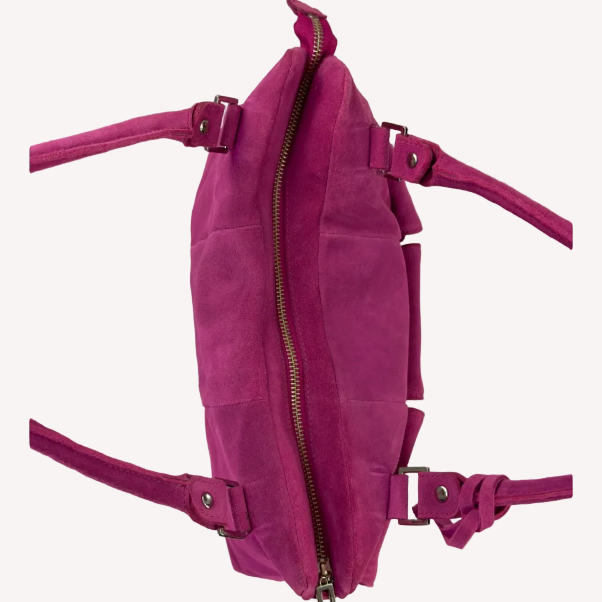 Vintage Y2K Jasper Conran shoulder bag in vibrant magenta pink suede, featuring three front pockets with silver twist-lock hardware and double straps.
