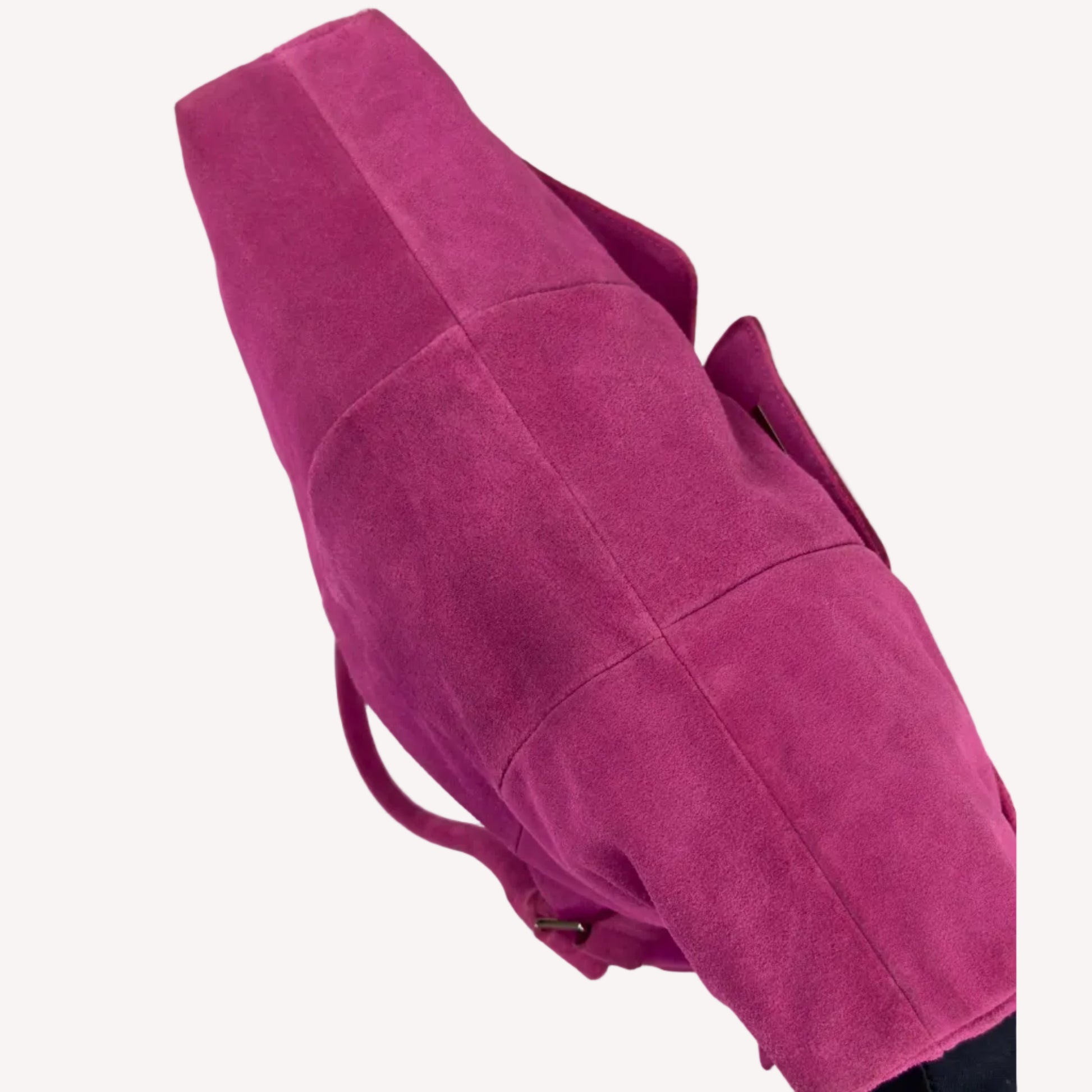 Vintage Y2K Jasper Conran shoulder bag in vibrant magenta pink suede, featuring three front pockets with silver twist-lock hardware and double straps.