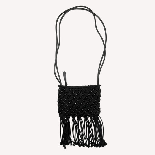 A vintage Jigsaw black long strap shoulder bag featuring beaded tassel detailing.