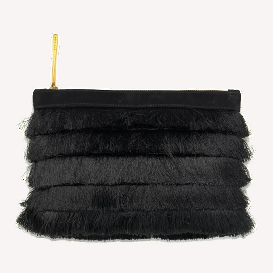 A vintage late Y2K Jigsaw black clutch bag featuring layers of tiered fringe.