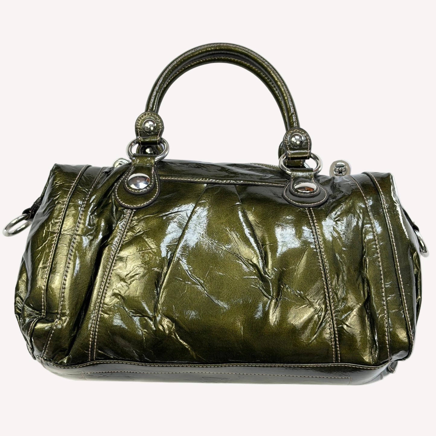 Deadstock vintage Y2K Kathy Van Zeeland metallic olive green crinkled faux patent leather bowler bag, featuring heavy silver buckle hardware, dual front pockets, and original tags.