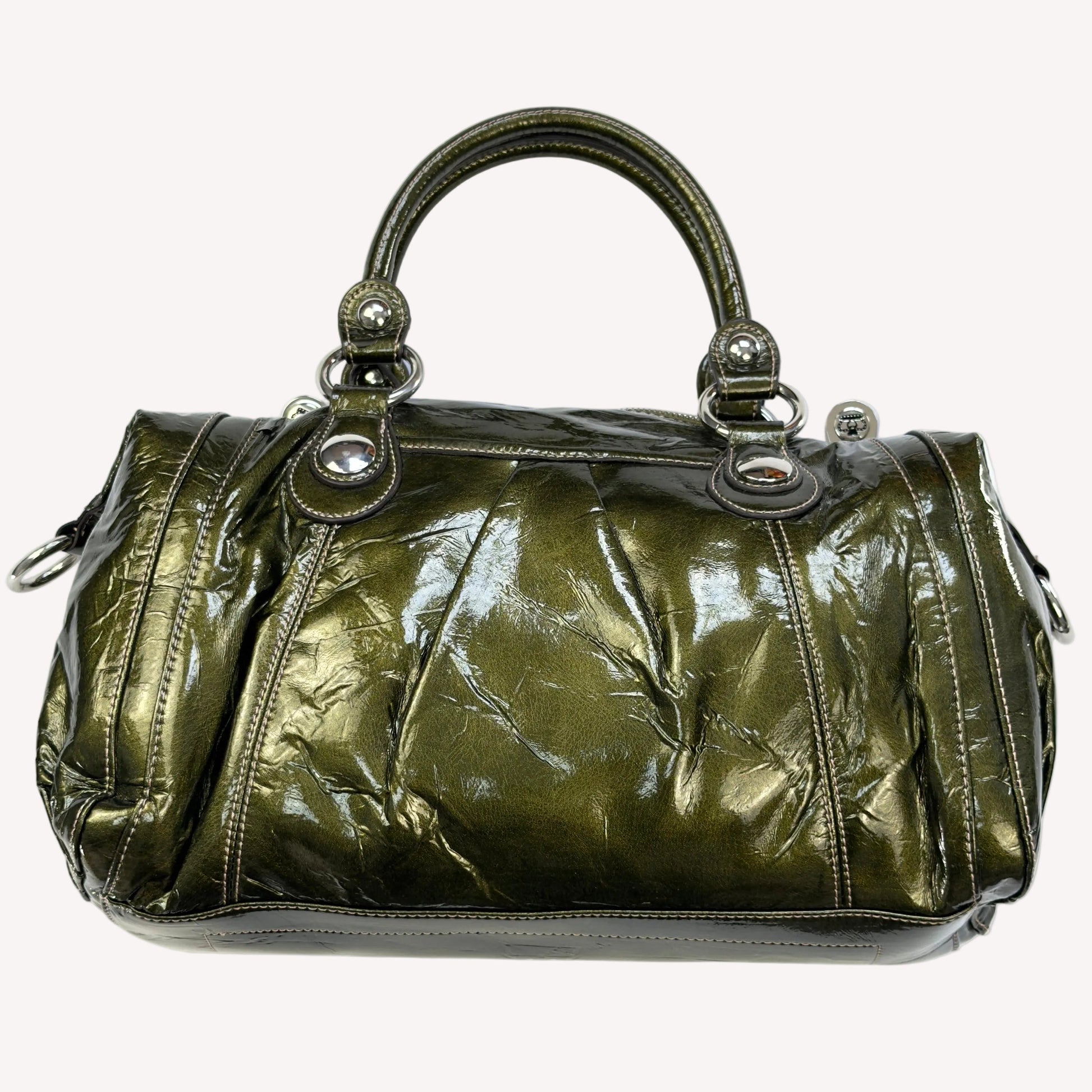 Deadstock vintage Y2K Kathy Van Zeeland metallic olive green crinkled faux patent leather bowler bag, featuring heavy silver buckle hardware, dual front pockets, and original tags.