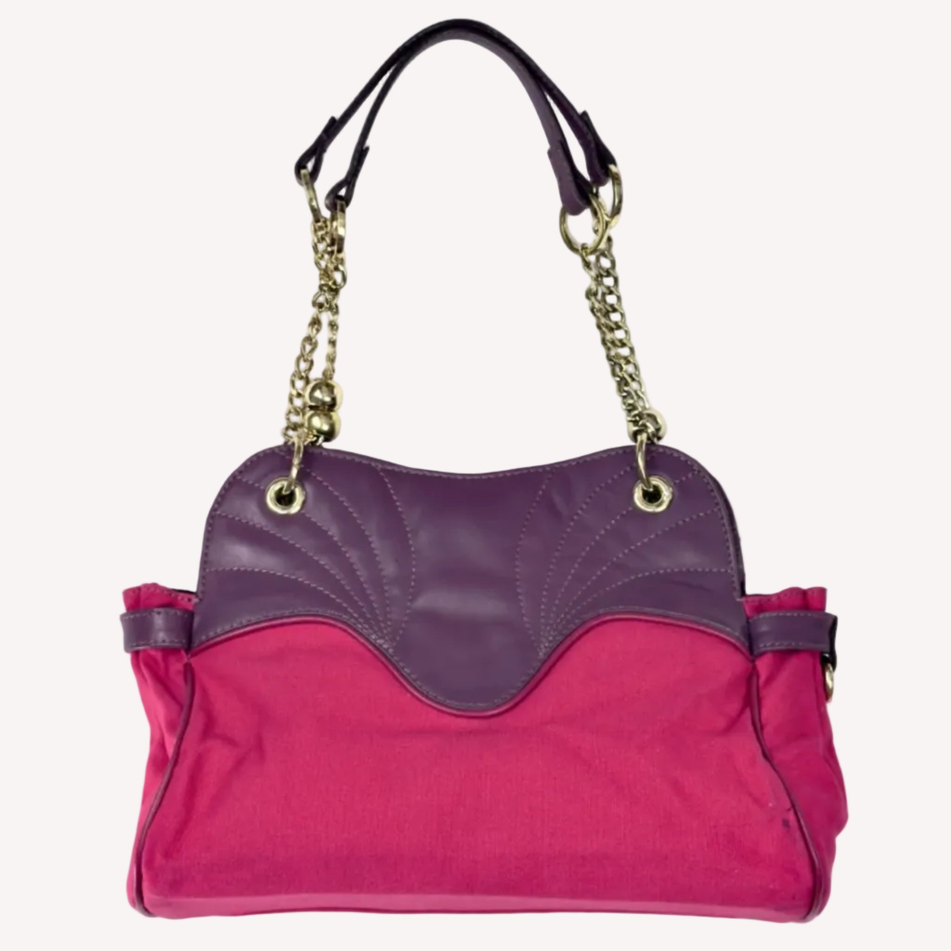 Vintage Y2K OK! Boutique shoulder bag in hot pink canvas and purple faux leather, featuring pink rhinestones, gold chain straps, and front pockets.