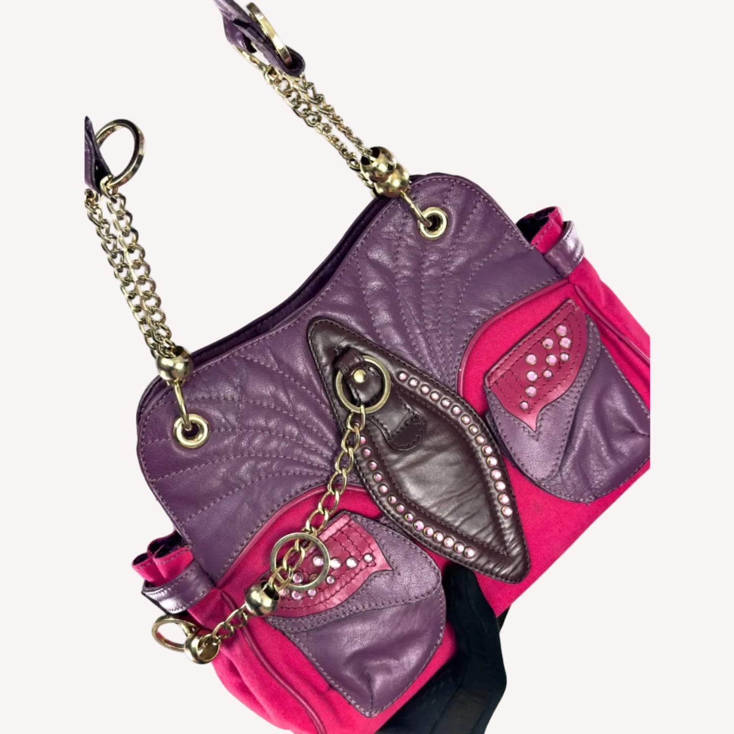 Vintage Y2K OK! Boutique shoulder bag in hot pink canvas and purple faux leather, featuring pink rhinestones, gold chain straps, and front pockets.