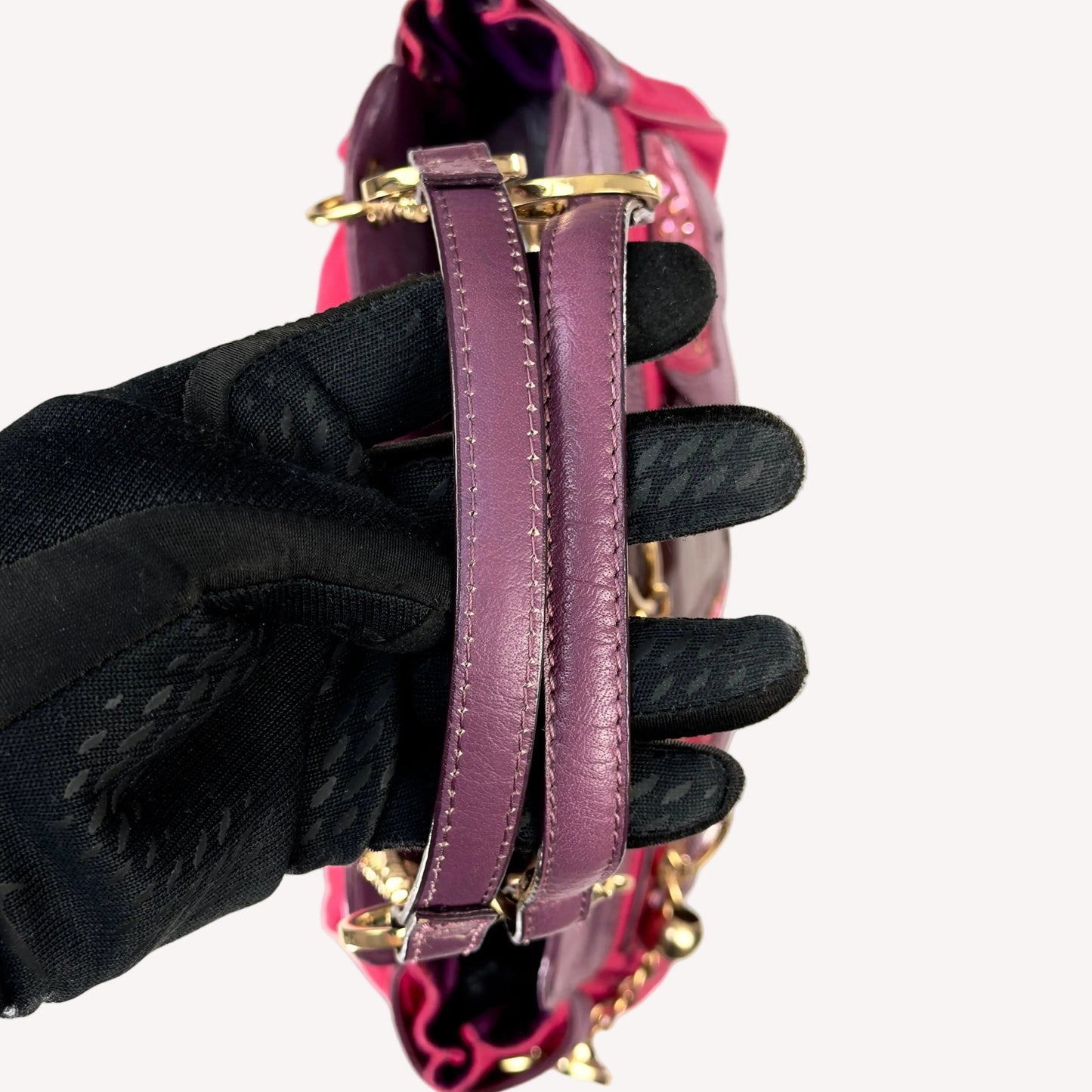 Vintage Y2K OK! Boutique shoulder bag in hot pink canvas and purple faux leather, featuring pink rhinestones, gold chain straps, and front pockets.