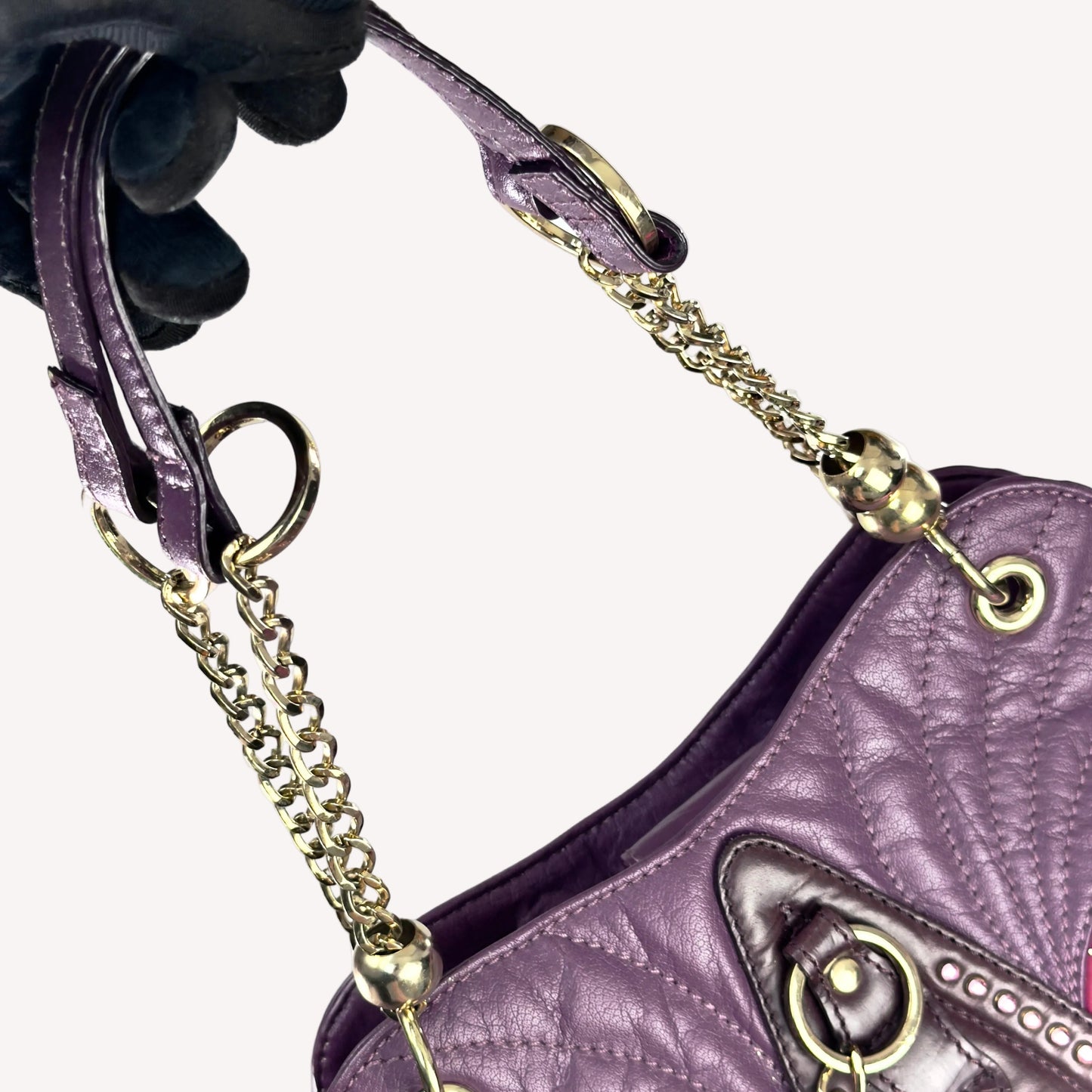 Vintage Y2K OK! Boutique shoulder bag in hot pink canvas and purple faux leather, featuring pink rhinestones, gold chain straps, and front pockets.