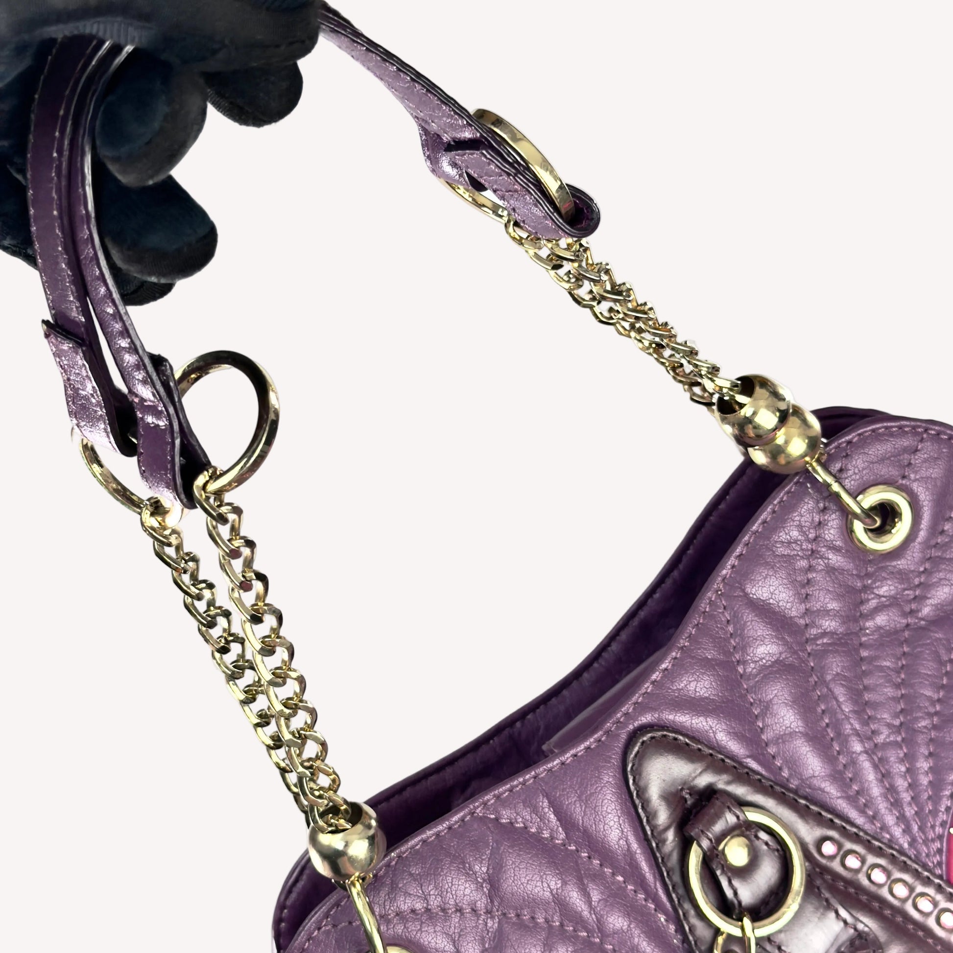 Vintage Y2K OK! Boutique shoulder bag in hot pink canvas and purple faux leather, featuring pink rhinestones, gold chain straps, and front pockets.