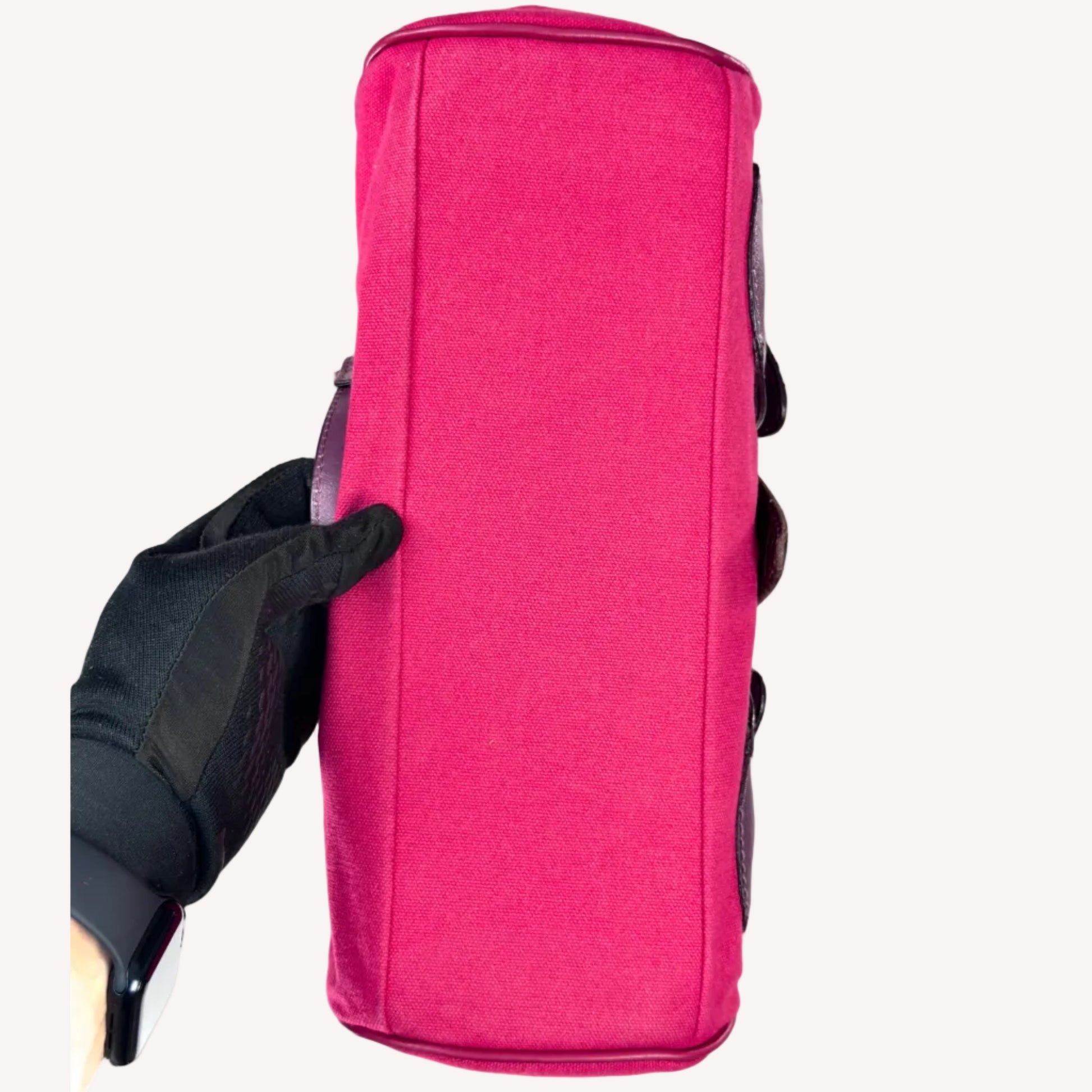 Vintage Y2K OK! Boutique shoulder bag in hot pink canvas and purple faux leather, featuring pink rhinestones, gold chain straps, and front pockets.