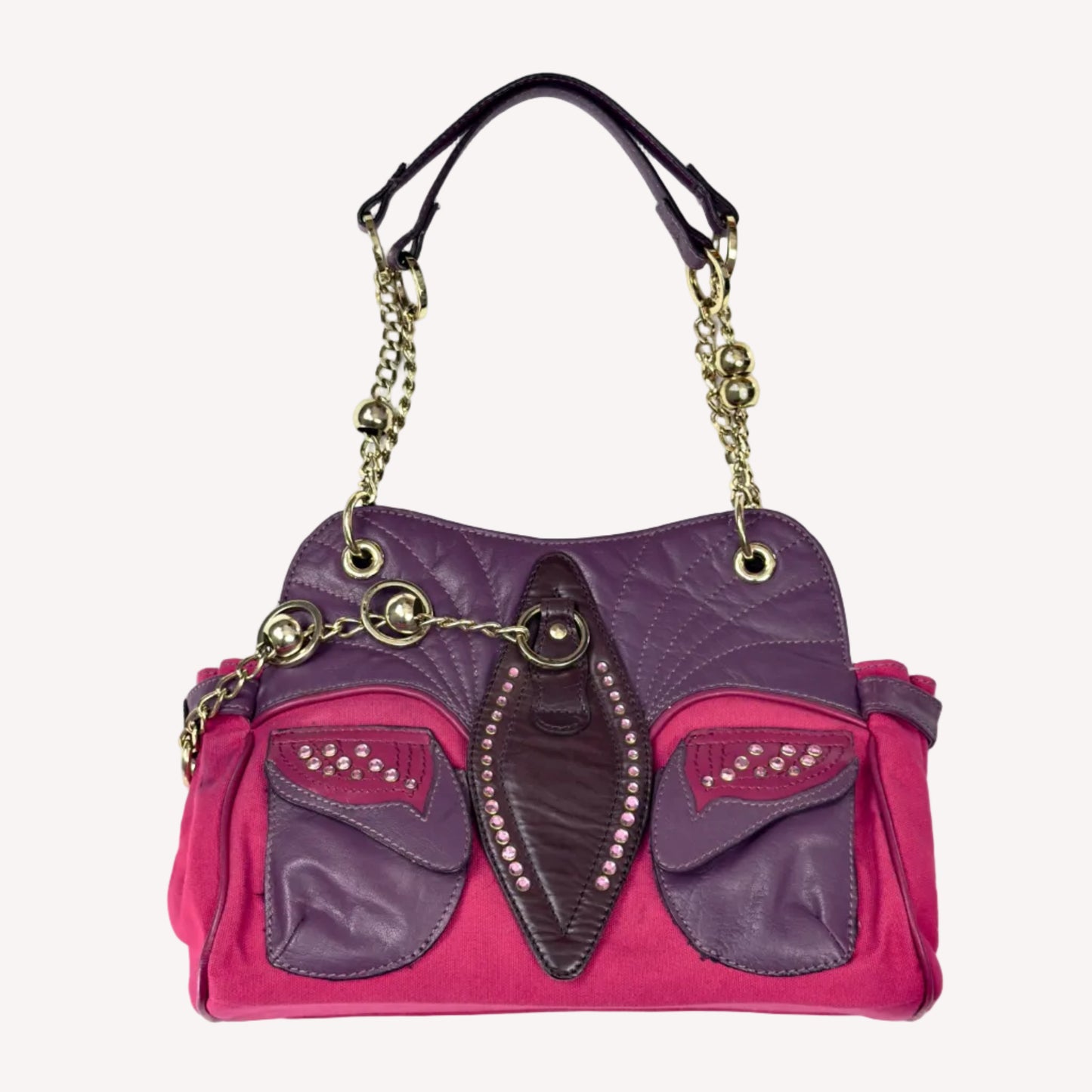 Vintage Y2K OK! Boutique shoulder bag in hot pink canvas and purple faux leather, featuring pink rhinestones, gold chain straps, and front pockets.