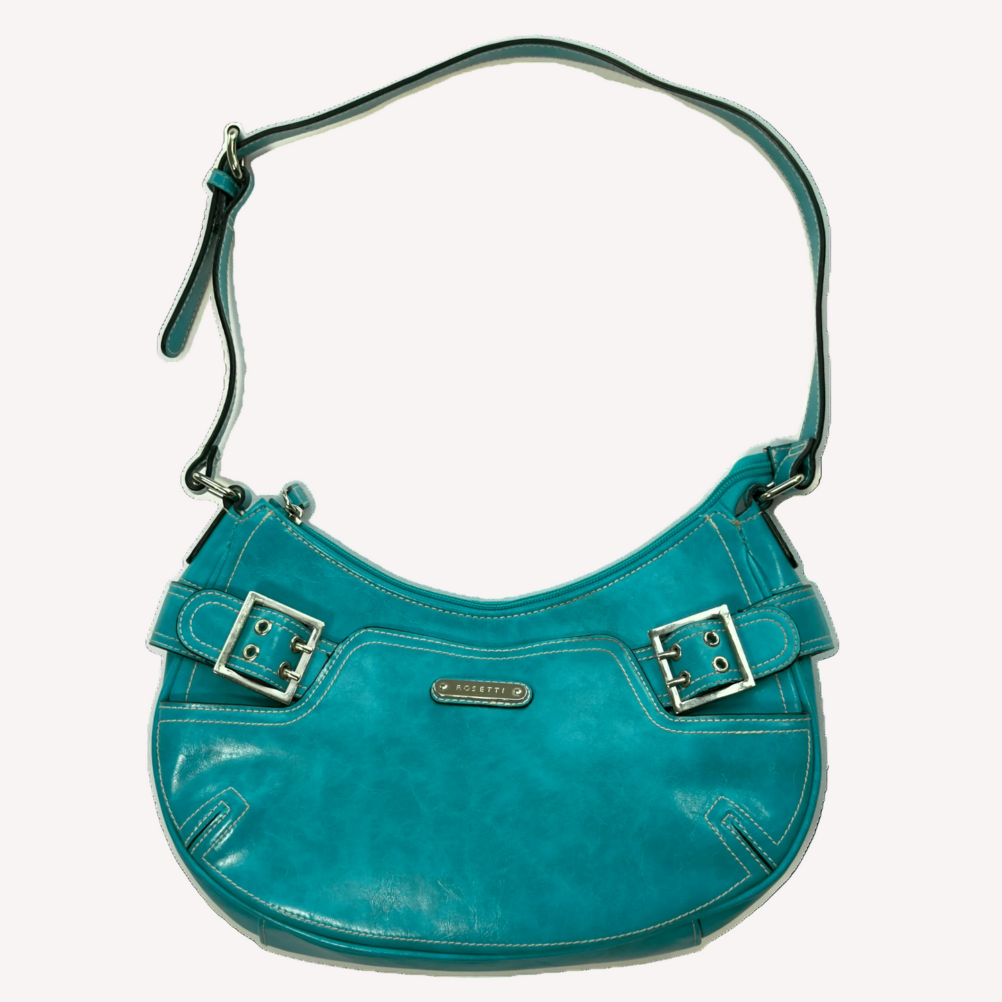 A vintage Y2K Rosetti blue crescent shoulder bag featuring a front buckle detail.