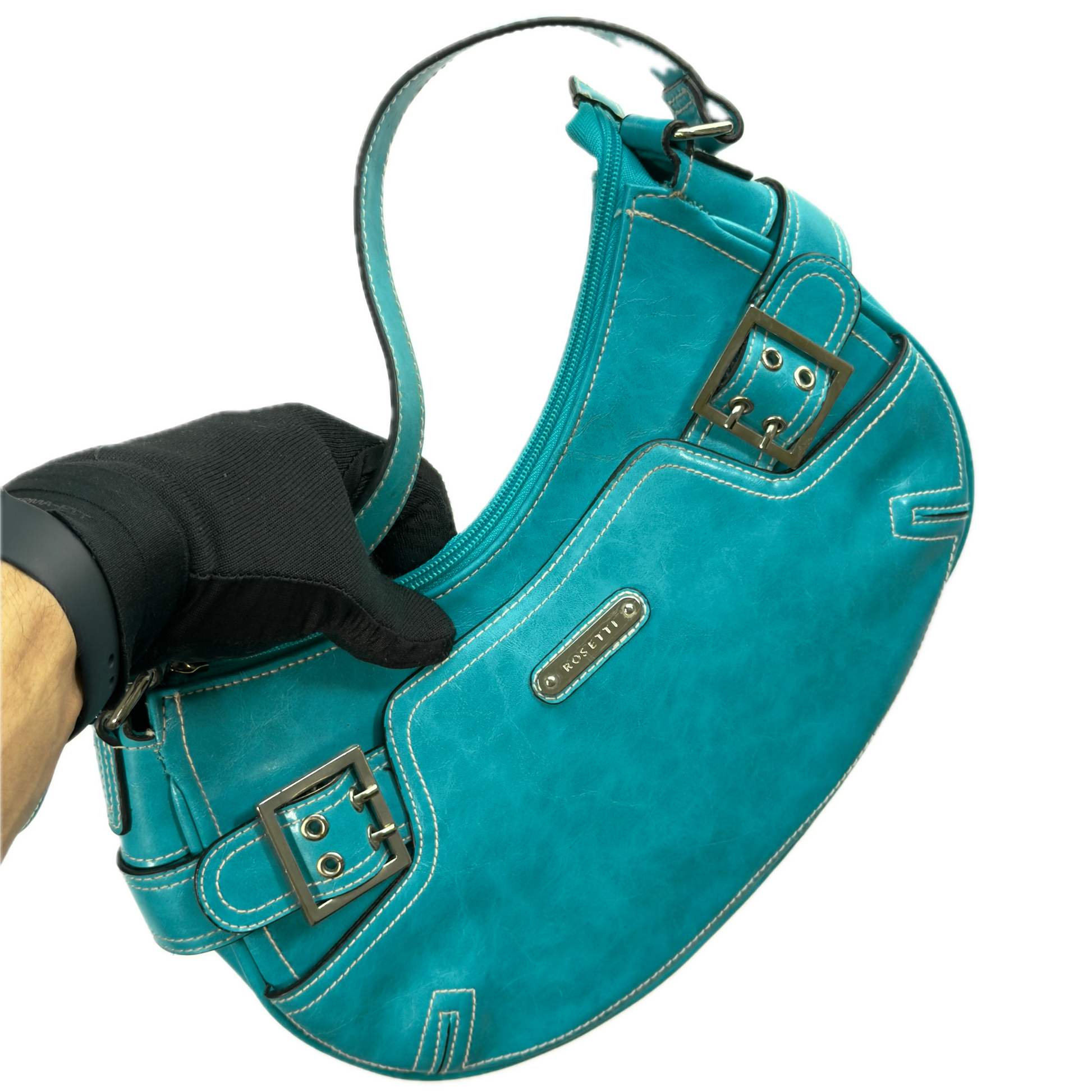 A vintage Y2K Rosetti blue crescent shoulder bag featuring a front buckle detail.