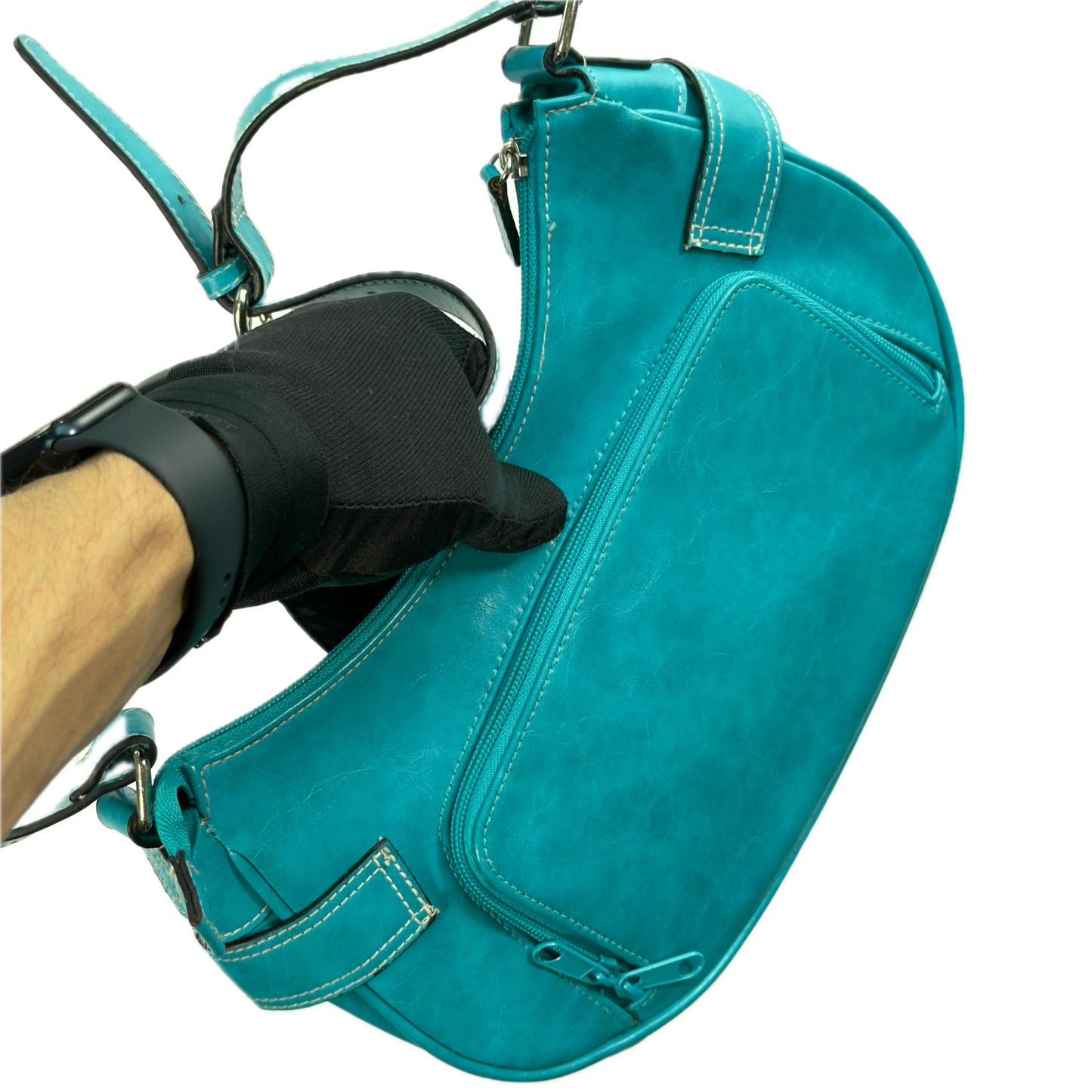 A vintage Y2K Rosetti blue crescent shoulder bag featuring a front buckle detail.