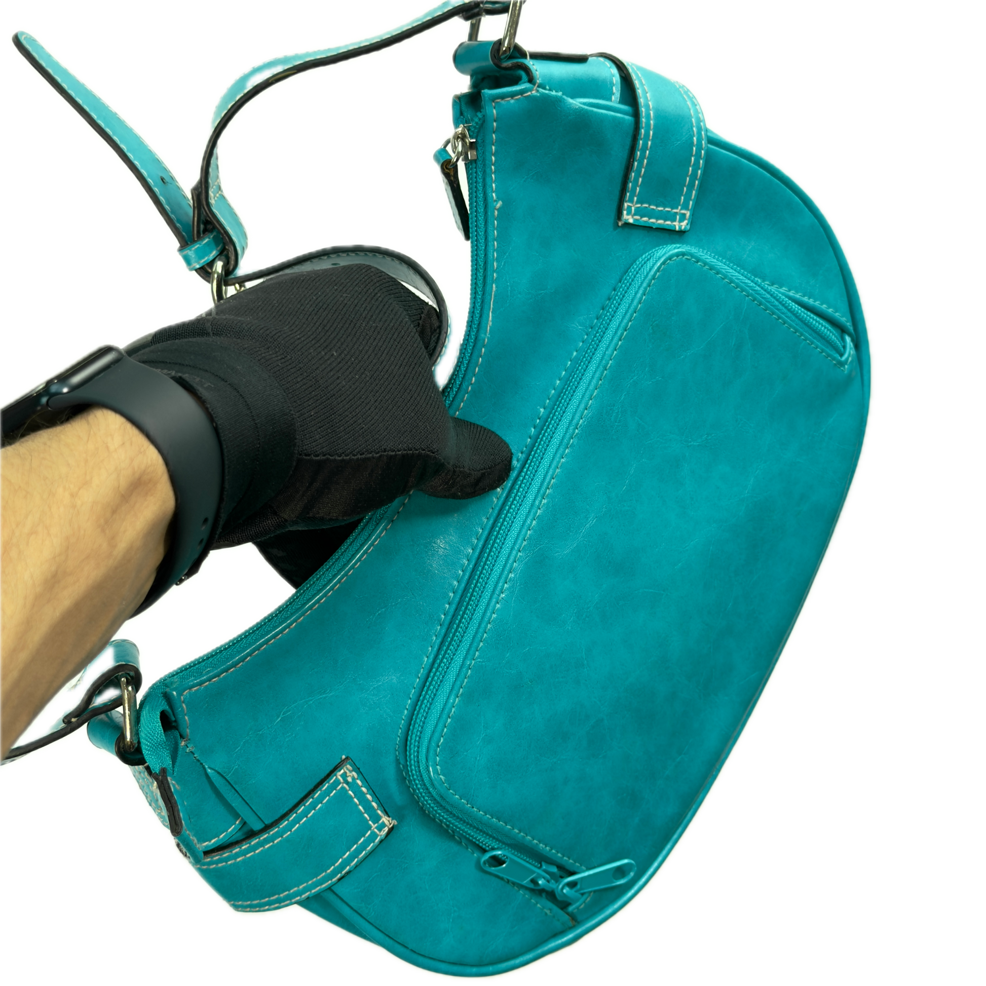 A vintage Y2K Rosetti blue crescent shoulder bag featuring a front buckle detail.