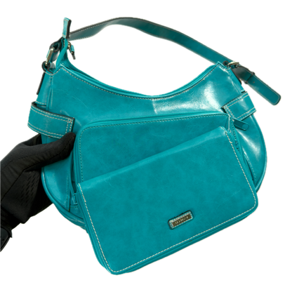 A vintage Y2K Rosetti blue crescent shoulder bag featuring a front buckle detail.