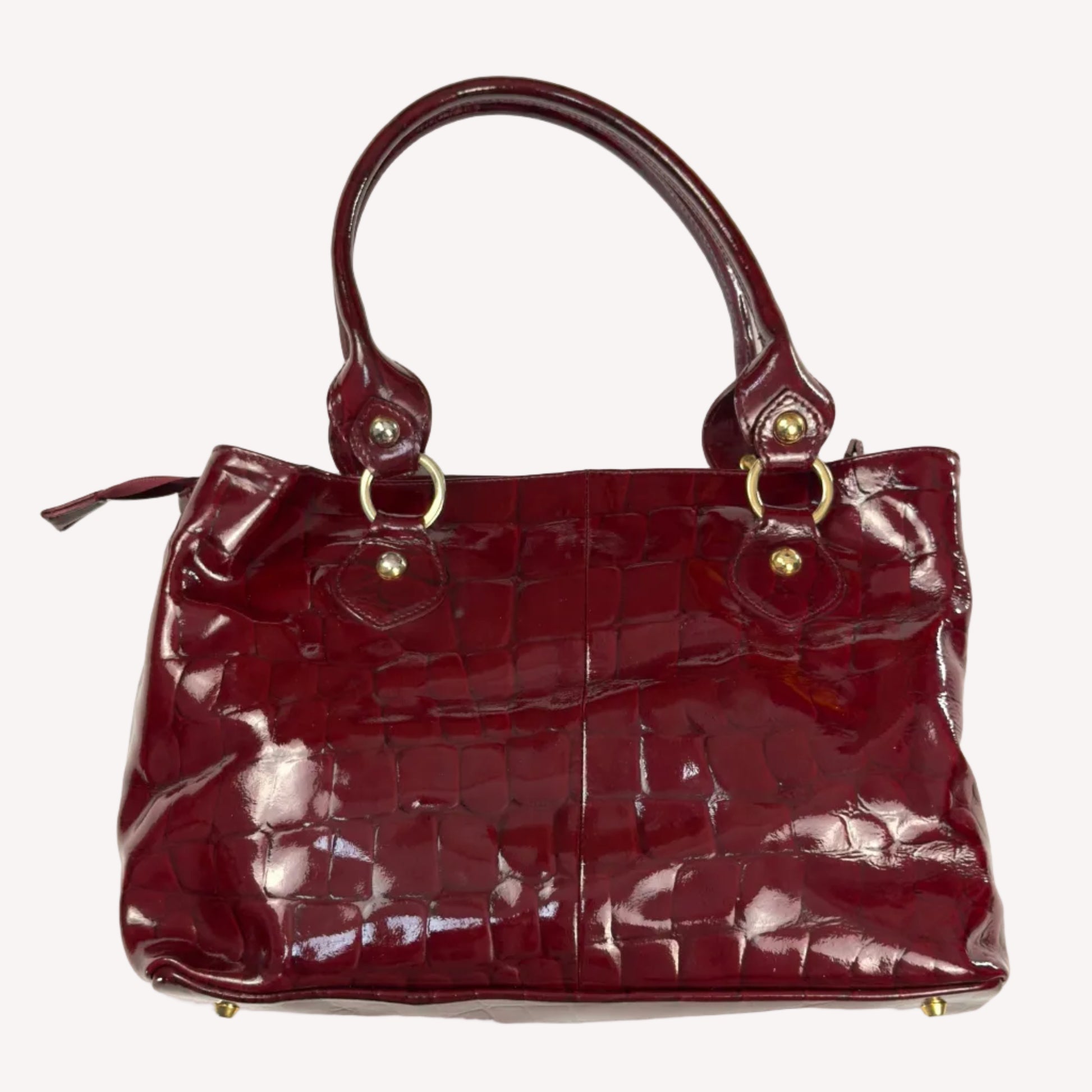 Vintage Russell & Bromley glossy red croc-embossed patent leather tote bag featuring gold chain and padlock hardware.