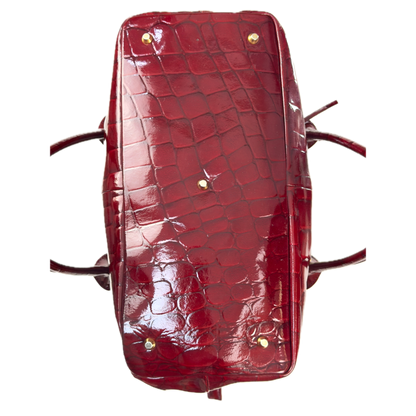 Vintage Russell & Bromley glossy red croc-embossed patent leather tote bag featuring gold chain and padlock hardware.