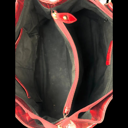 Vintage Russell & Bromley glossy red croc-embossed patent leather tote bag featuring gold chain and padlock hardware.