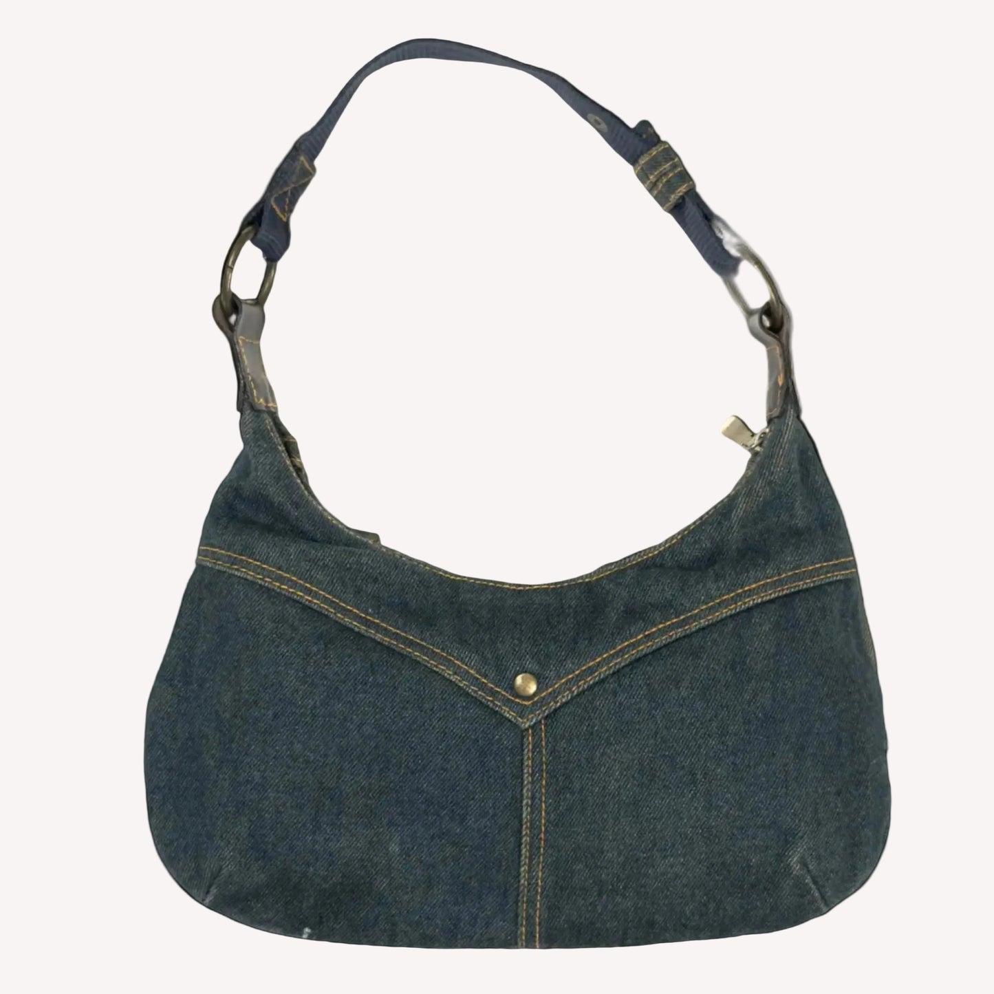Vintage Ted Baker blue denim hobo shoulder bag featuring contrast yellow stitching, front jean pockets, and a canvas strap.