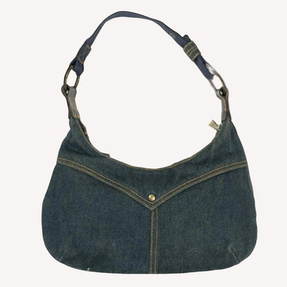 Vintage Ted Baker blue denim hobo shoulder bag featuring contrast yellow stitching, front jean pockets, and a canvas strap.