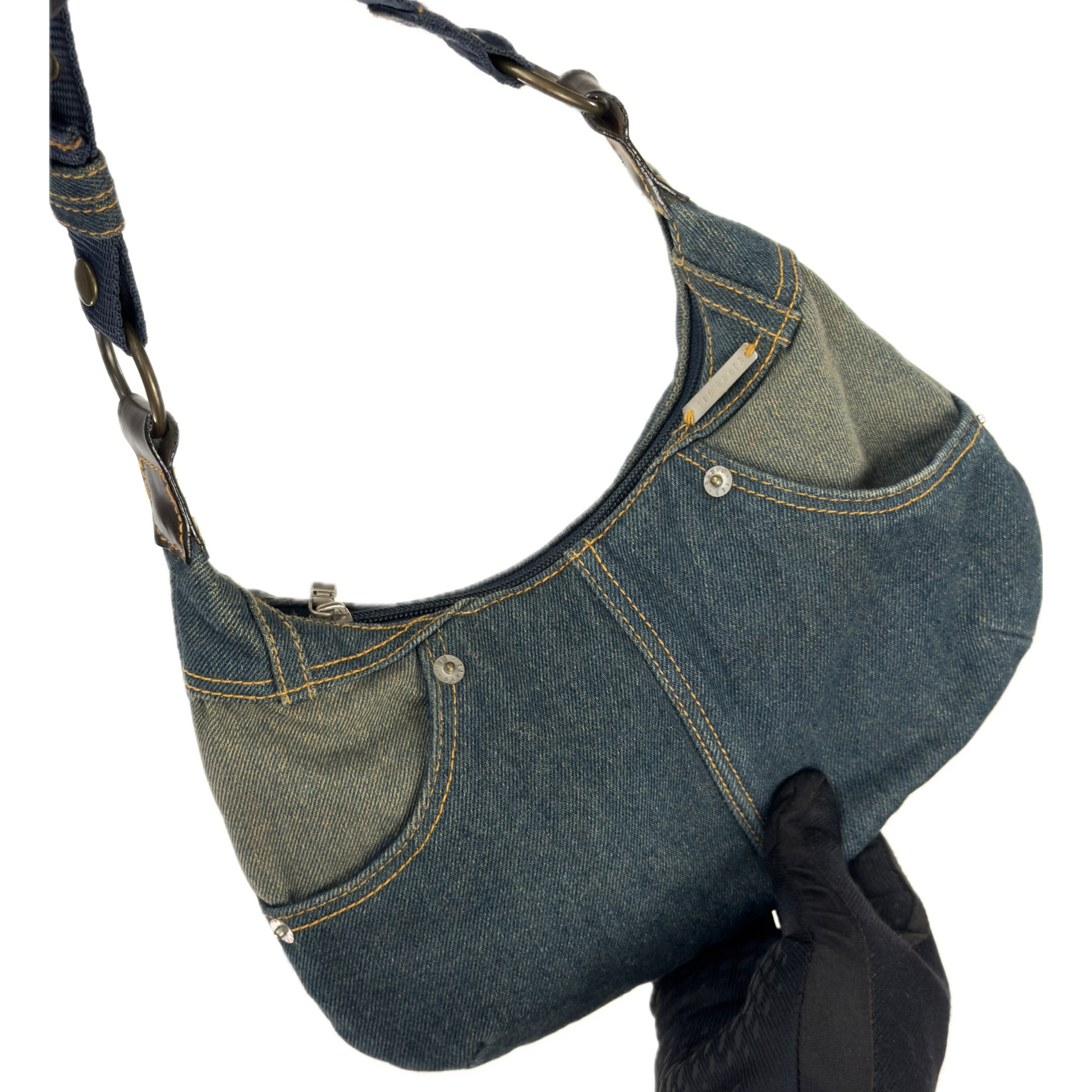 Vintage Ted Baker blue denim hobo shoulder bag featuring contrast yellow stitching, front jean pockets, and a canvas strap.