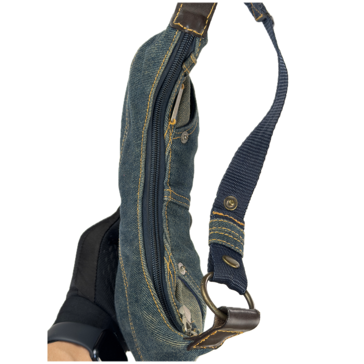 Vintage Ted Baker blue denim hobo shoulder bag featuring contrast yellow stitching, front jean pockets, and a canvas strap.