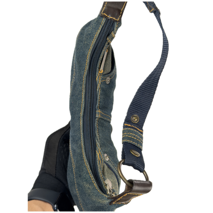 Vintage Ted Baker blue denim hobo shoulder bag featuring contrast yellow stitching, front jean pockets, and a canvas strap.