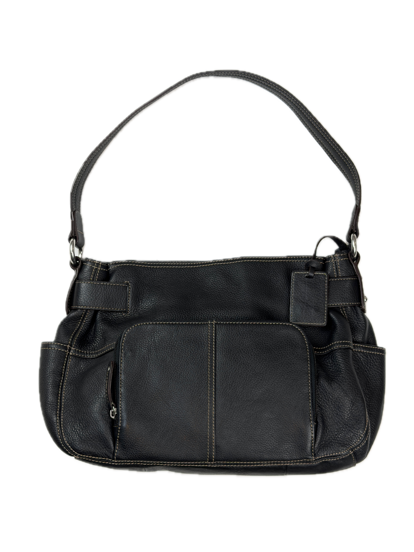 Vintage Tignanello black pebbled leather shoulder bag featuring a silver front buckle, contrast stitching, and side pockets.