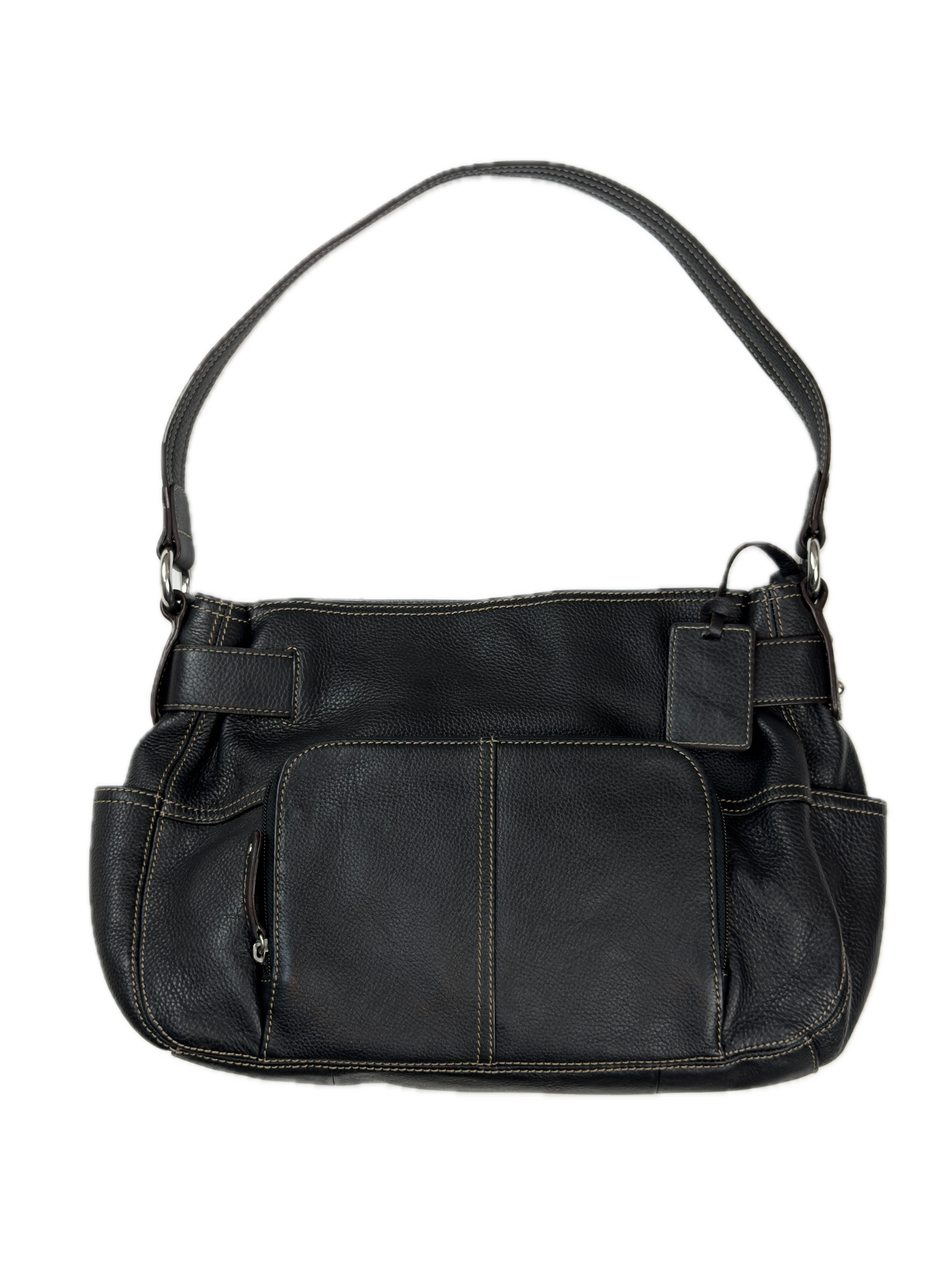 Vintage Tignanello black pebbled leather shoulder bag featuring a silver front buckle, contrast stitching, and side pockets.