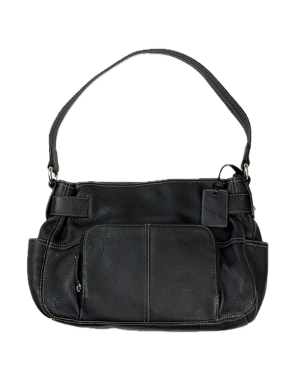 Vintage Tignanello black pebbled leather shoulder bag featuring a silver front buckle, contrast stitching, and side pockets.