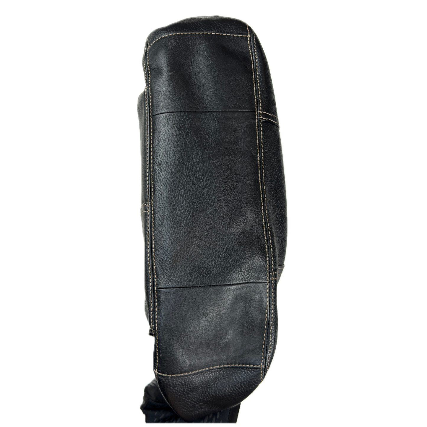 Vintage Tignanello black pebbled leather shoulder bag featuring a silver front buckle, contrast stitching, and side pockets.