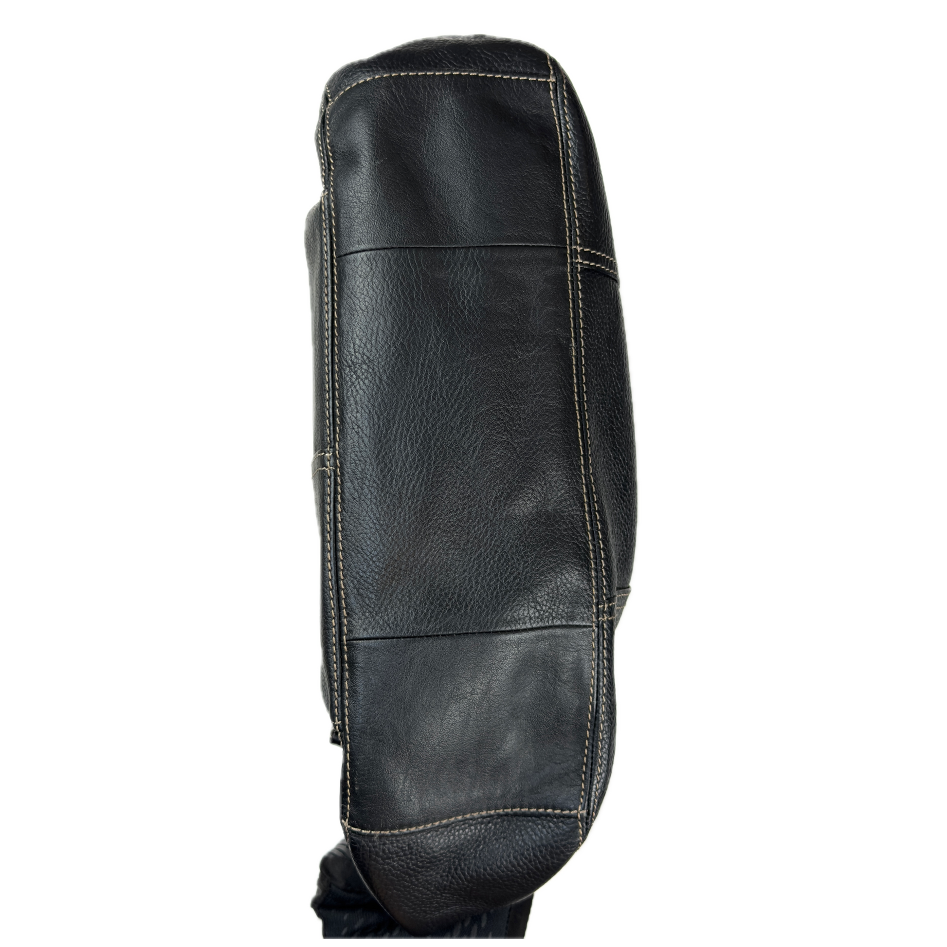 Vintage Tignanello black pebbled leather shoulder bag featuring a silver front buckle, contrast stitching, and side pockets.